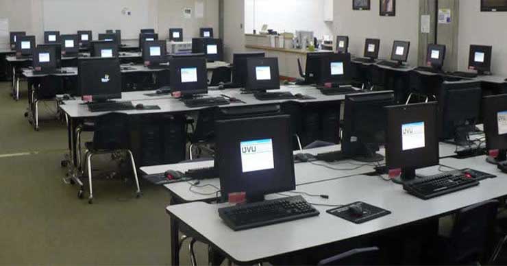 Computer loft where students can use computers for school work.  Shows desks and chairs where student can use computers.