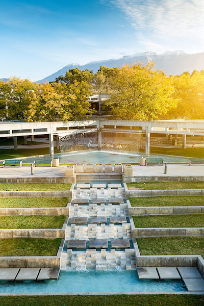 UVU Outdoor Fountain and Trees with moutains in background