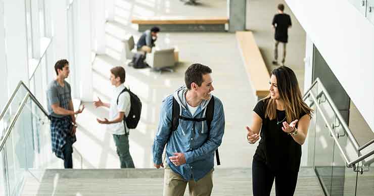 Two people walking up a set of stairs talking to on another.