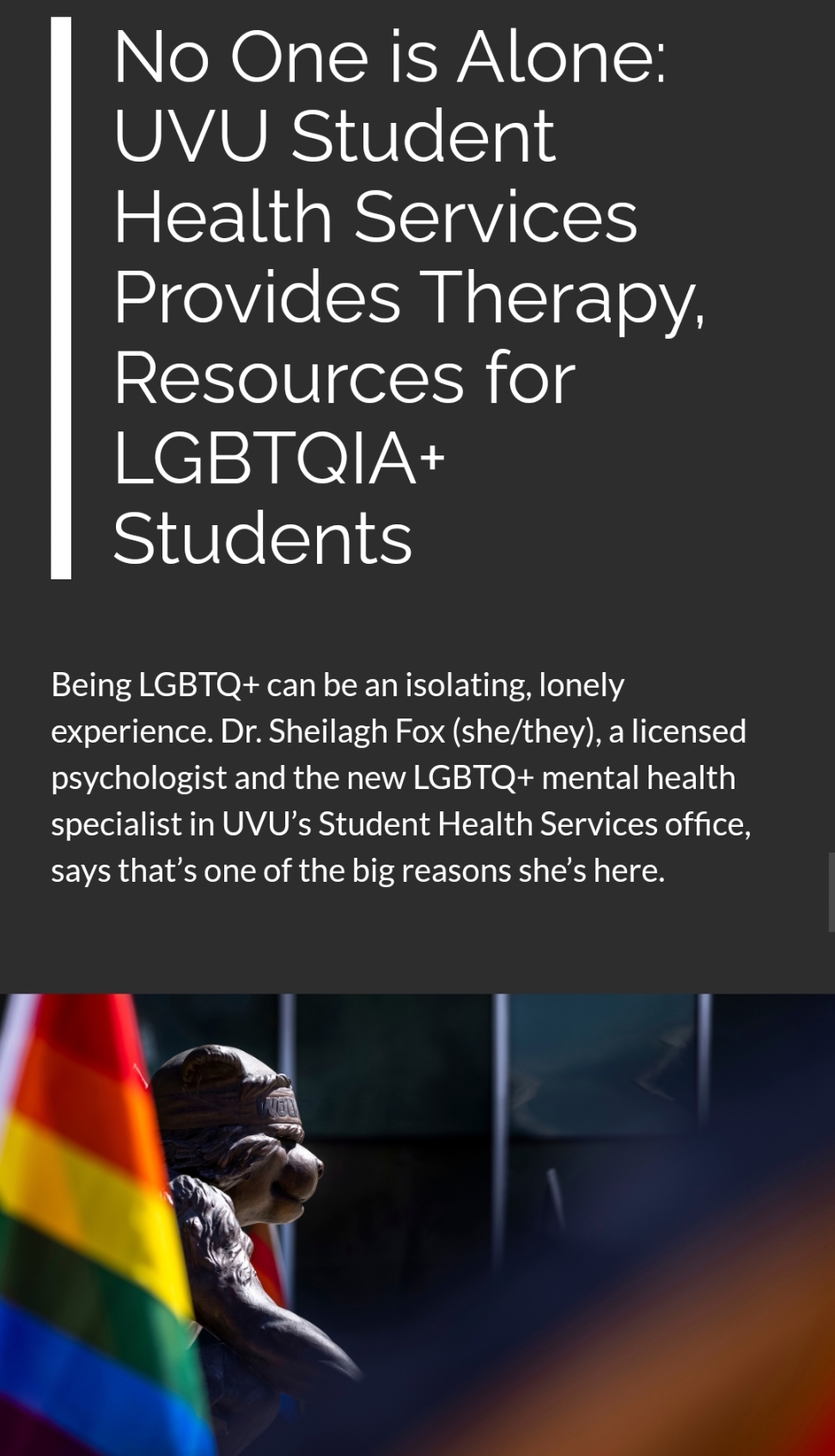 SHS's LGBTQ+ Mental Health Specialist, Dr. Sheilagh Fox, Interviewed by UVU