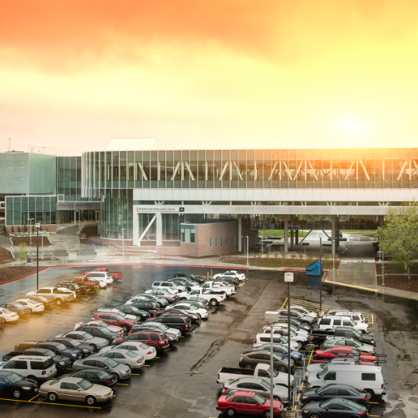 Wide angle view of the parking lot and the student life and wellness center