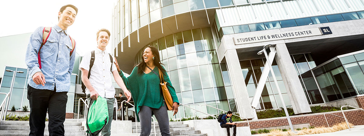 Students walking outside the Student Life Building