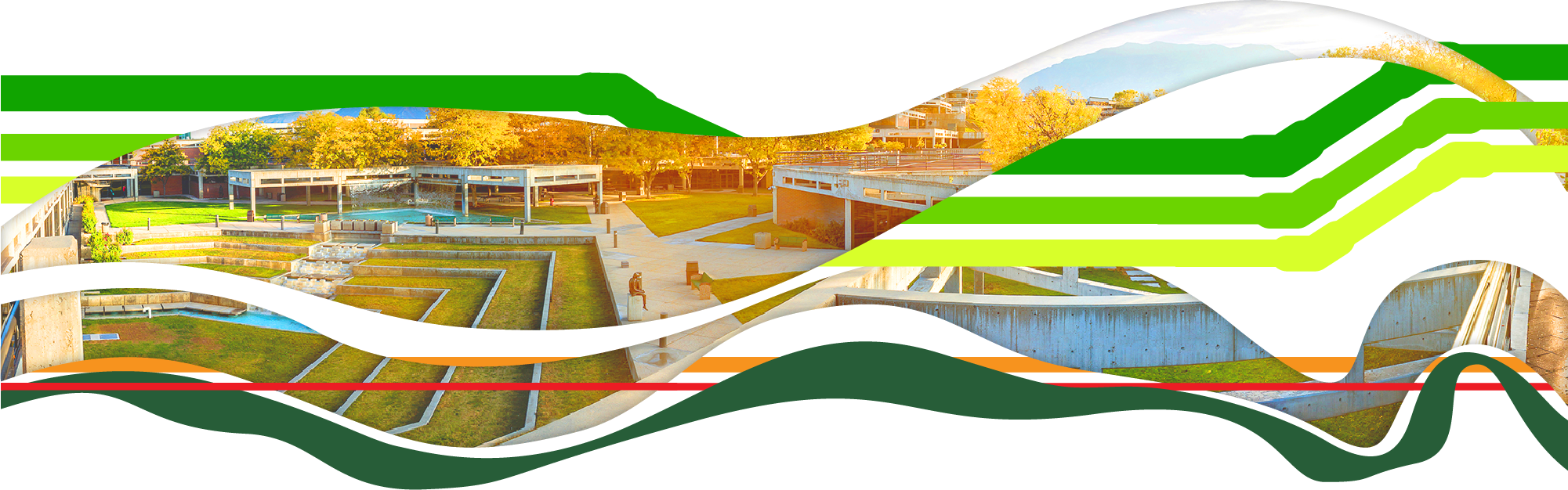Image of UVU campus quad in a wave shape intertangled with colored pipes.