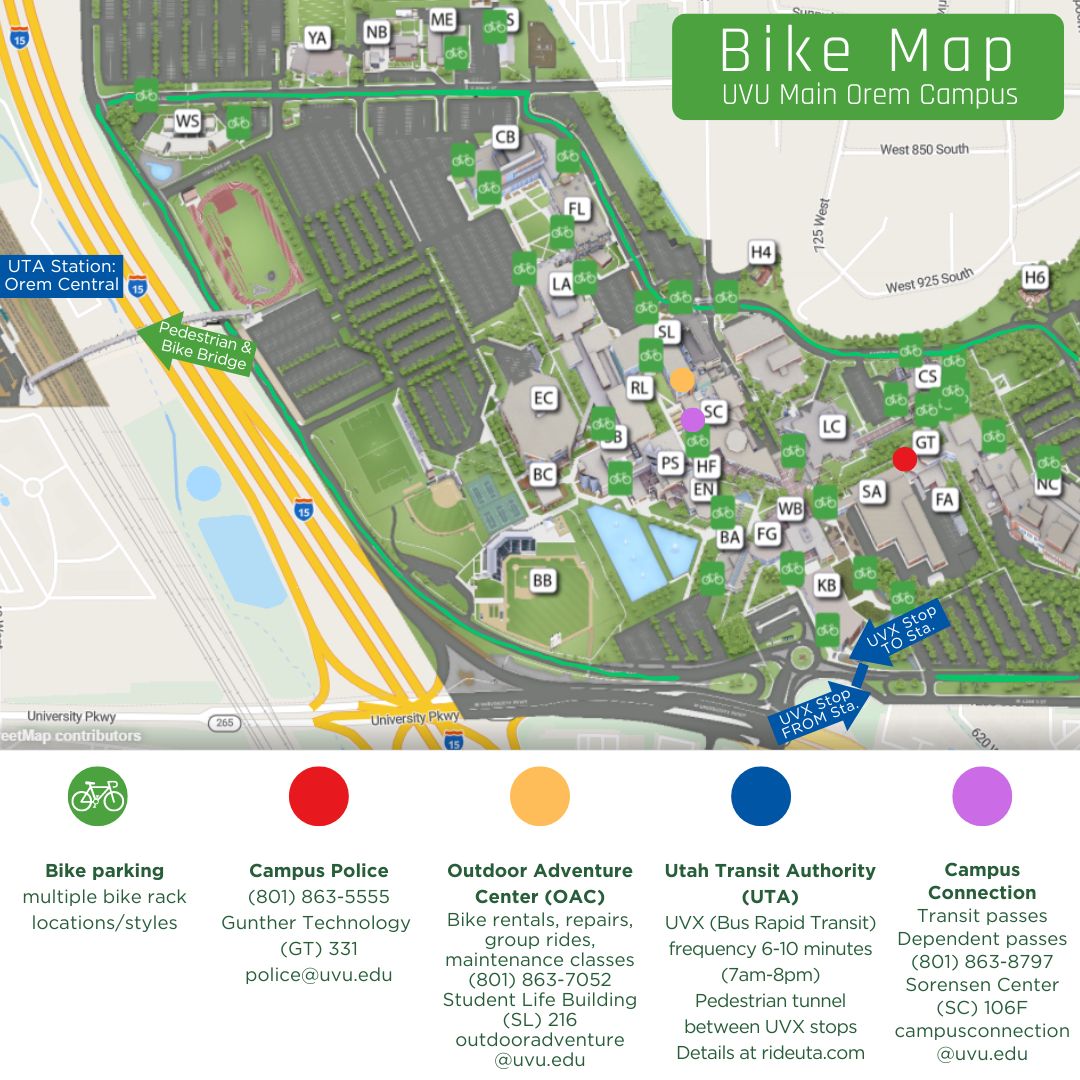 UVU campus map showing biking resources
