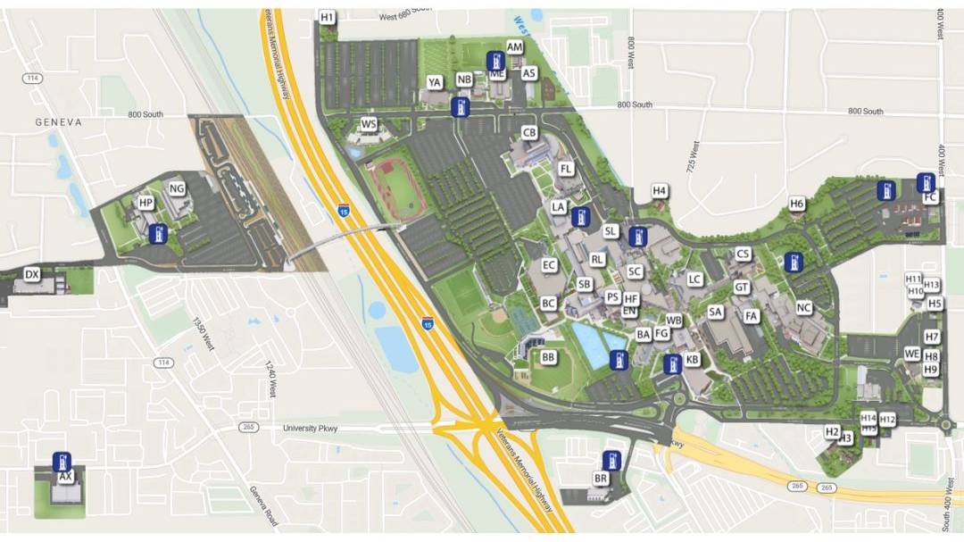 UVU campus map showing EV charging stations