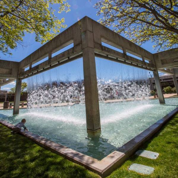 trees, sun, and waterwall fountain