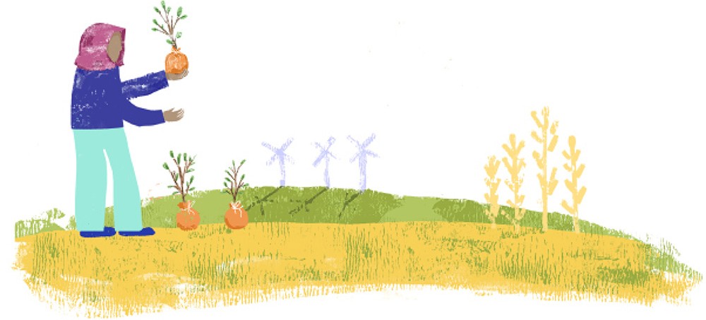 illustration of a person holding potted plants while standing in a field with wheat plants and wind turbines