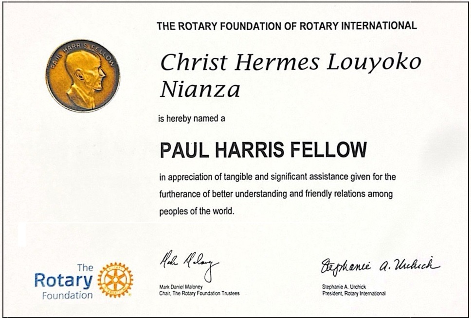A Copy of the Certificate Awarding Christ Hermes Louyoko Nianza