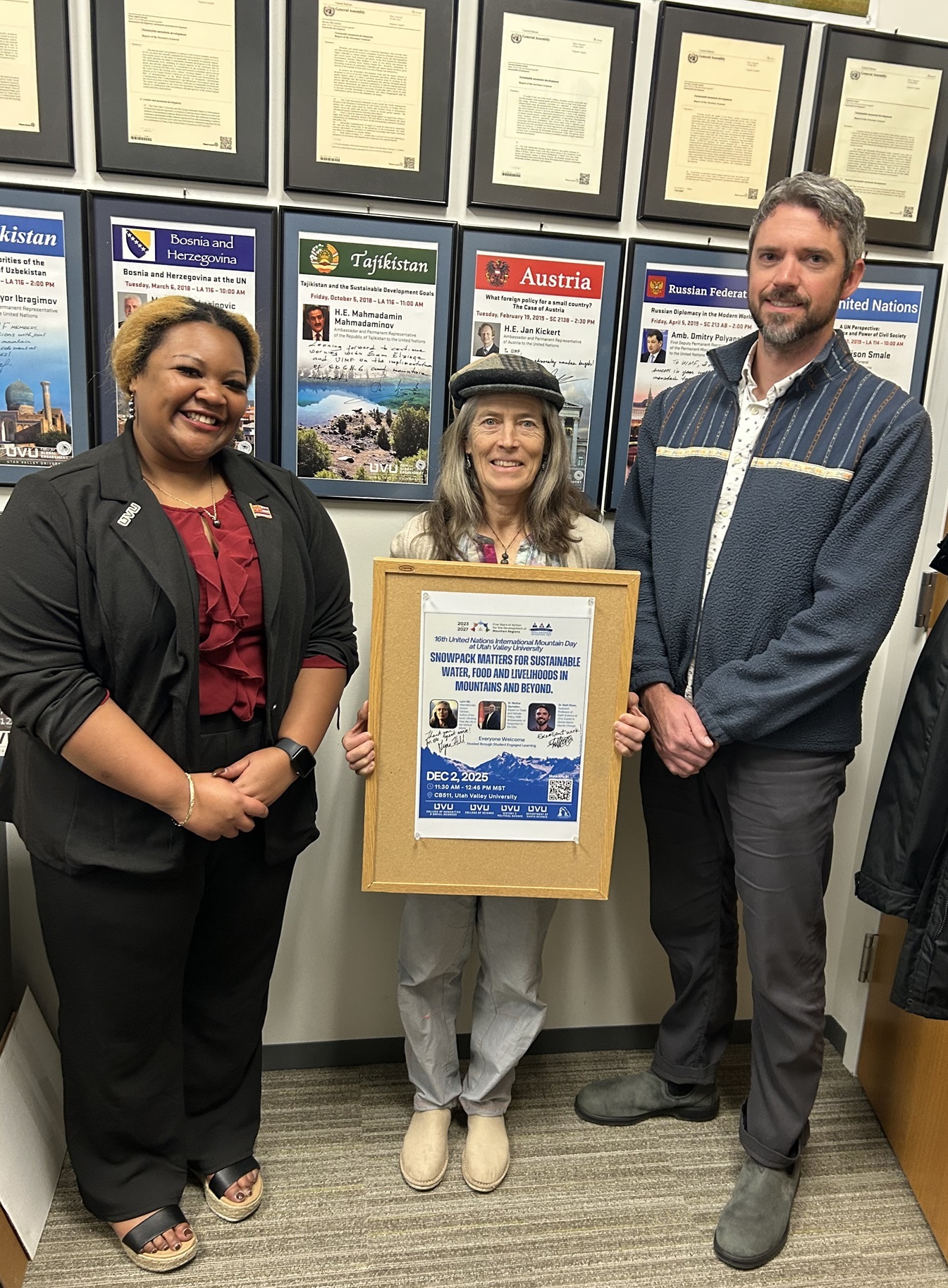 Utah International Mountain Forum president, Janessa-Michelle Purcell, Lynn Hill, and Dr. Matt Olson.