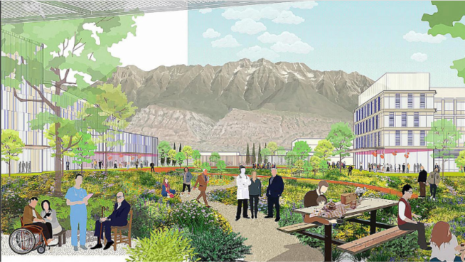 A diverse group of people enjoy an accessible garden space with vibrant flowers, modern buildings, and mountain views.