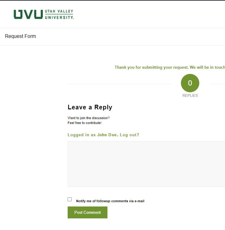 Screen capture of confirmation screen after form submission.