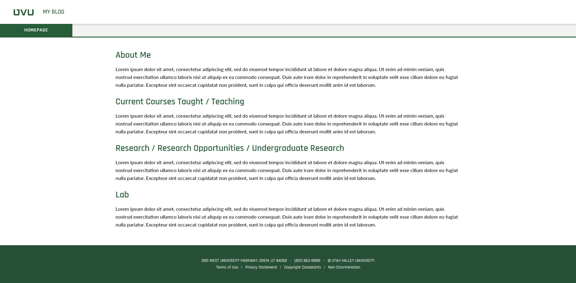 Screen capture of default UVU WordPress theme.