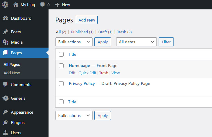 WordPress dashboard Pages selection.