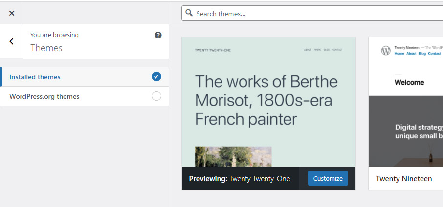 Screen capture showing available themes.