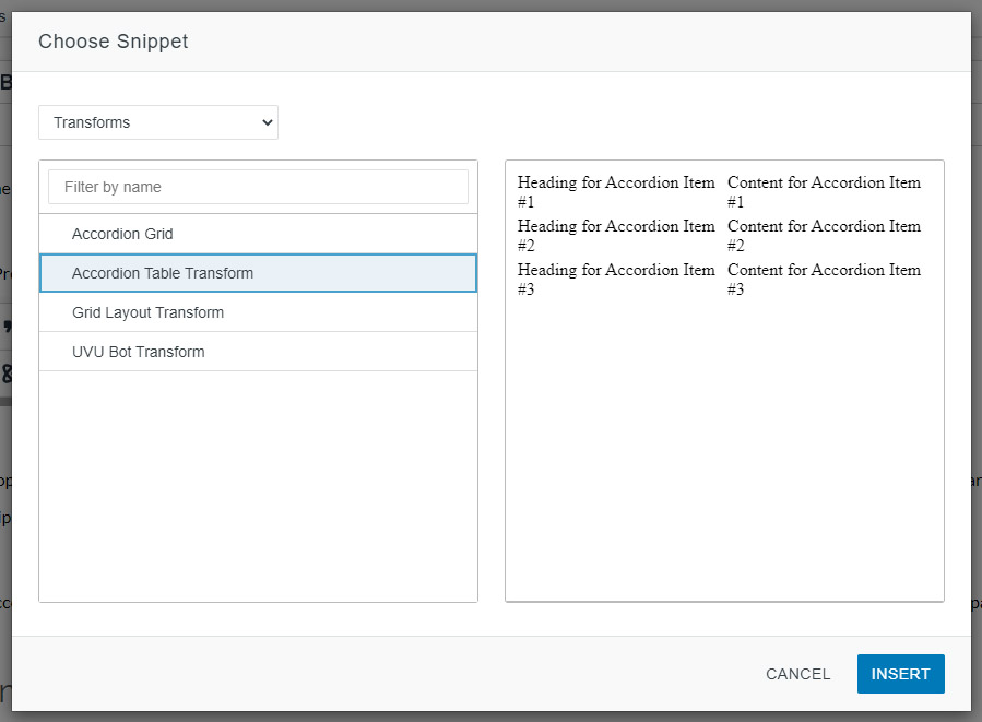 Screenshot of snippet window selecting accordion table.