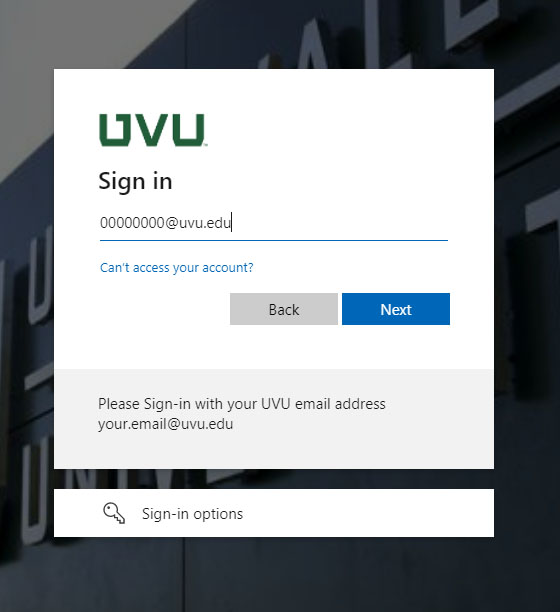 UVU authentication screen with user name field