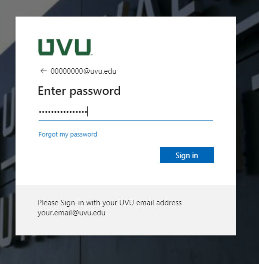 UVU login screen showing password field