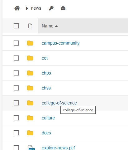 Screen capture showing folder structure of Content Hub in Modern Campus CMS with "College of Science" folder highlighted.