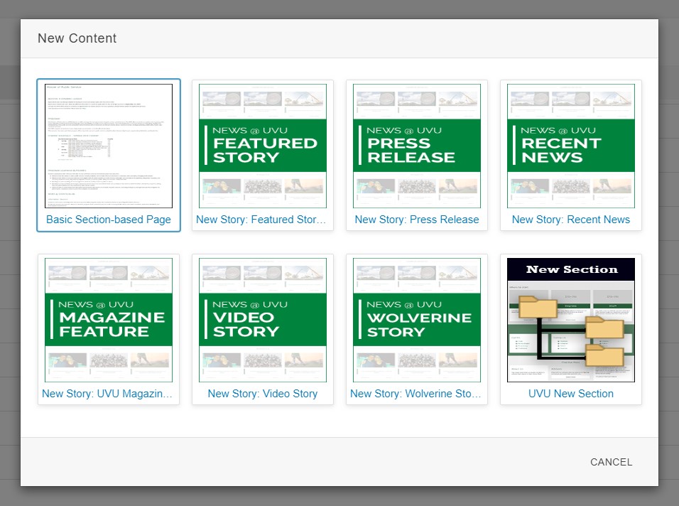 Screen capture showing various new page options in Modern Campus CMS.