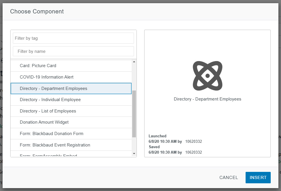 Screenshot showing Component selection in Omni CMS