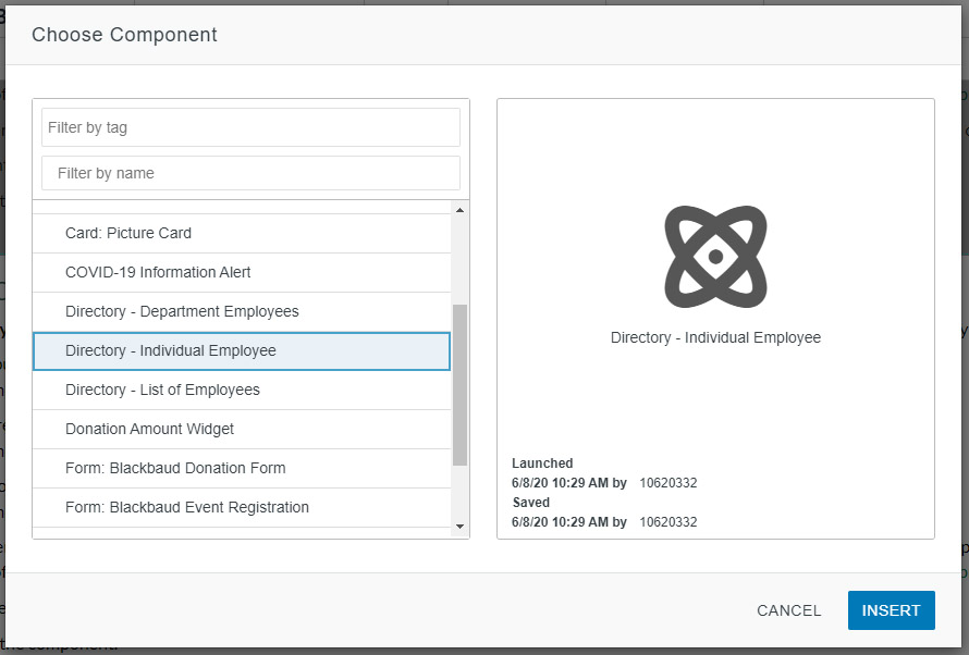 Screenshot showing Component selection in Omni CMS