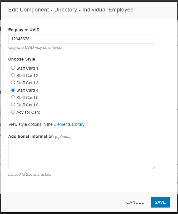 Screenshot showing fields for information to insert department directory component.