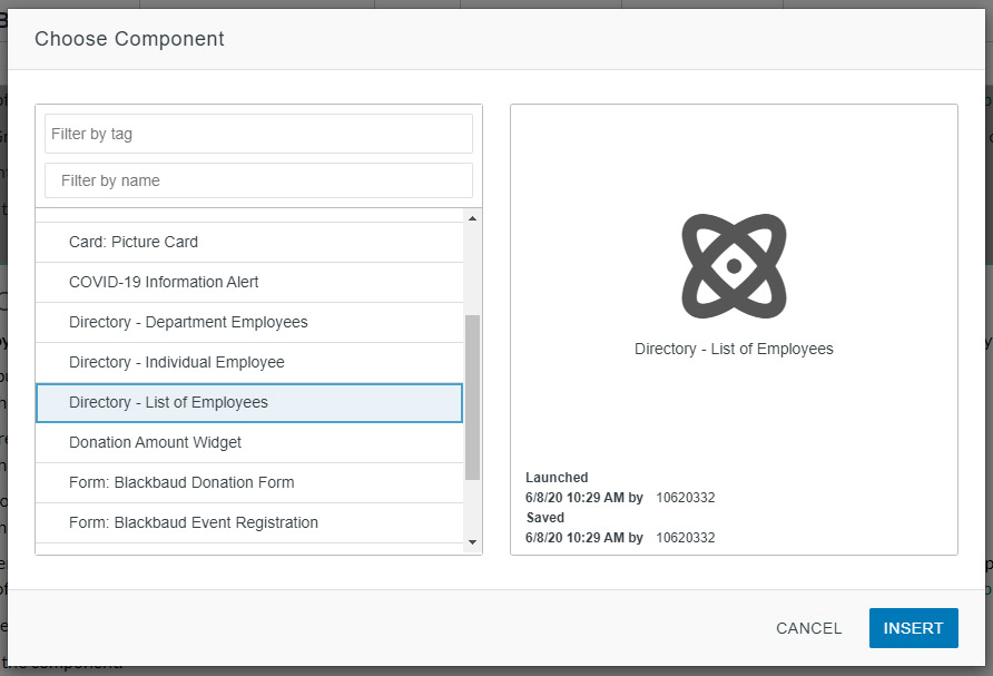 Screenshot showing Component selection in Omni CMS