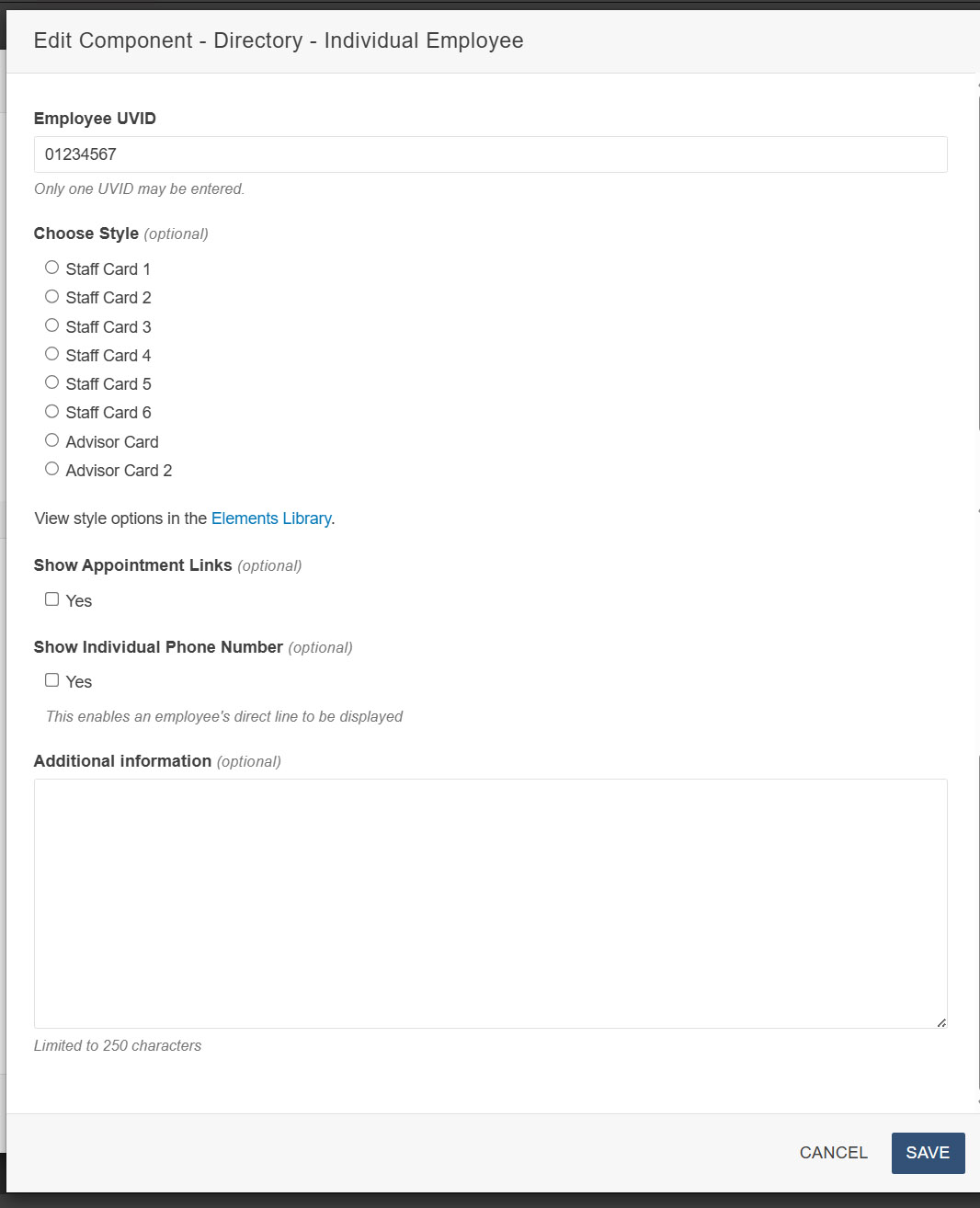 Screenshot showing fields for information to insert department directory component.