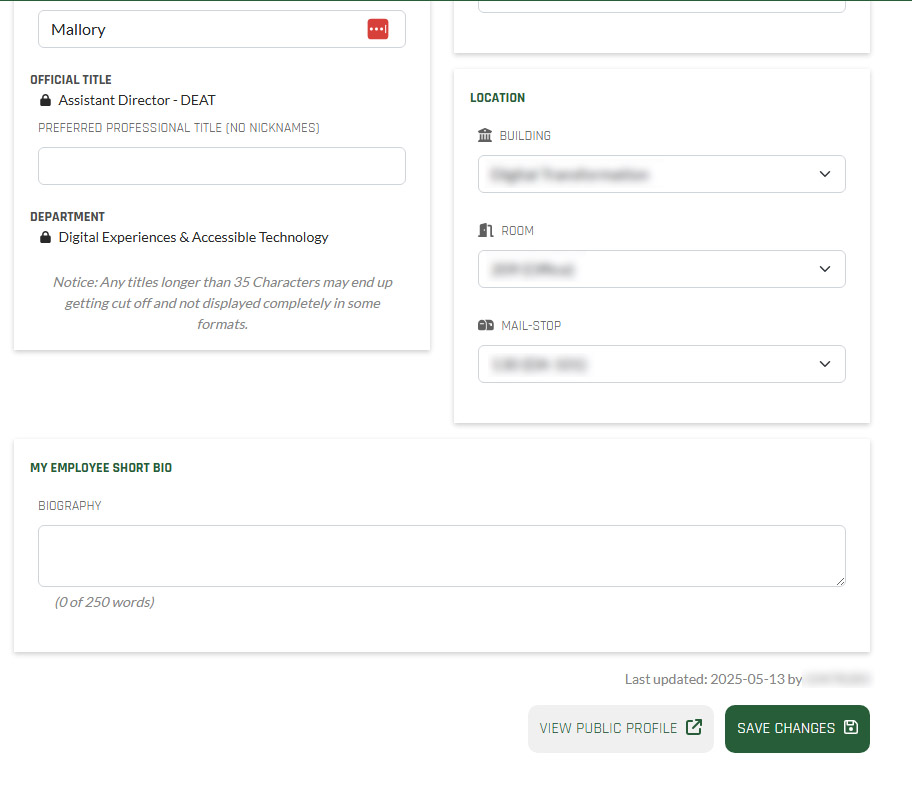 Screenshot of fields to be populated or edited in the employee profile in myUVU Workplace, including preferred name, preferred title, department, office location, and office phone number.