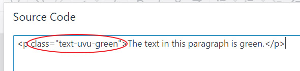 Example of source code with class attribute to apply green text color to paragraph.