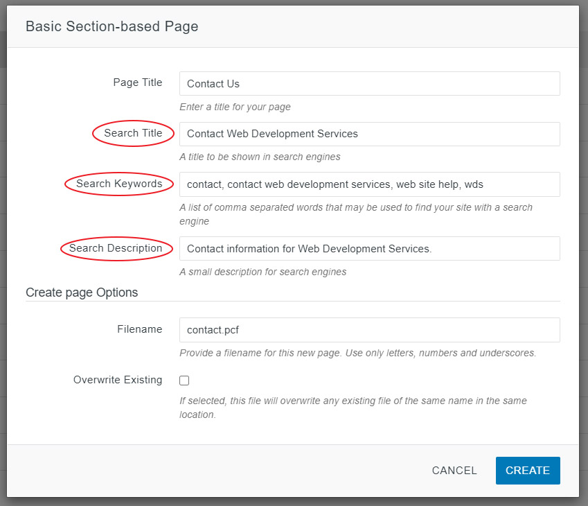 Meta information on new page creation dialogue.