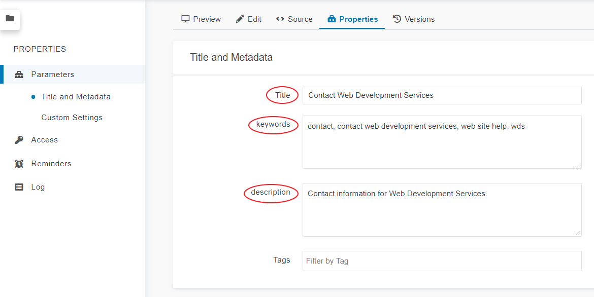 Meta information in page parameters in Omni CMS.