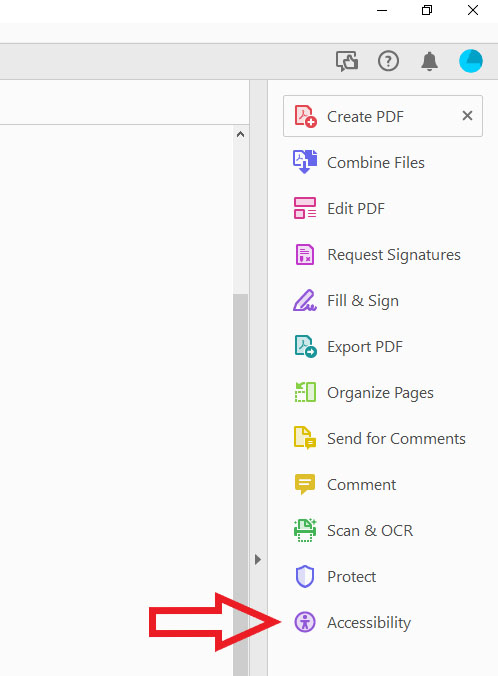 Accessibility tool in Adobe Acrobat menu