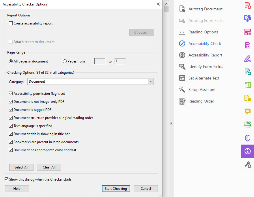 Accessibility check options in Adobe Acrobat
