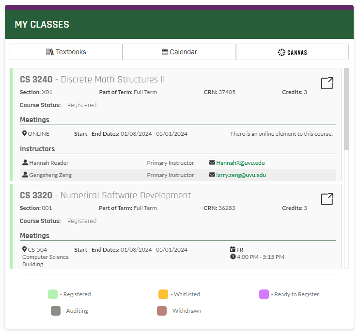 Classes on previous myUVU