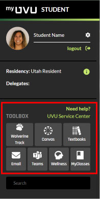 Toolbar in myUVU