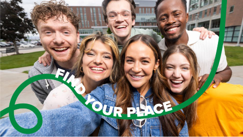 A group of students taking a selfie with a green squiggle overlayed on top of the picture with the words 'Find Your Place' written along the squiggle.