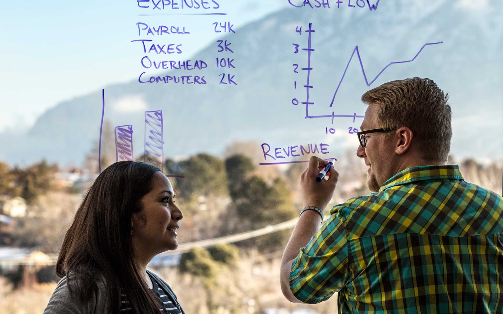 man and woman working with a white board