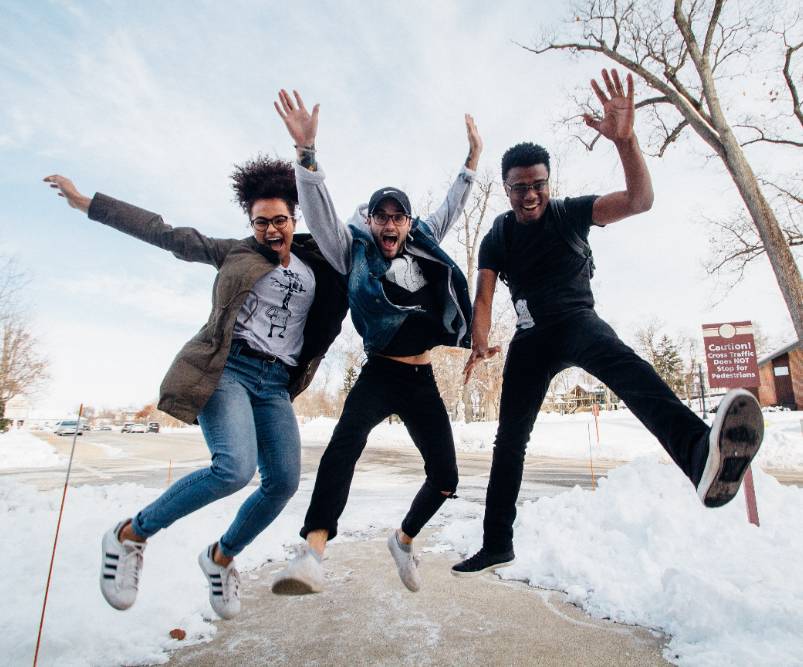 students jumping