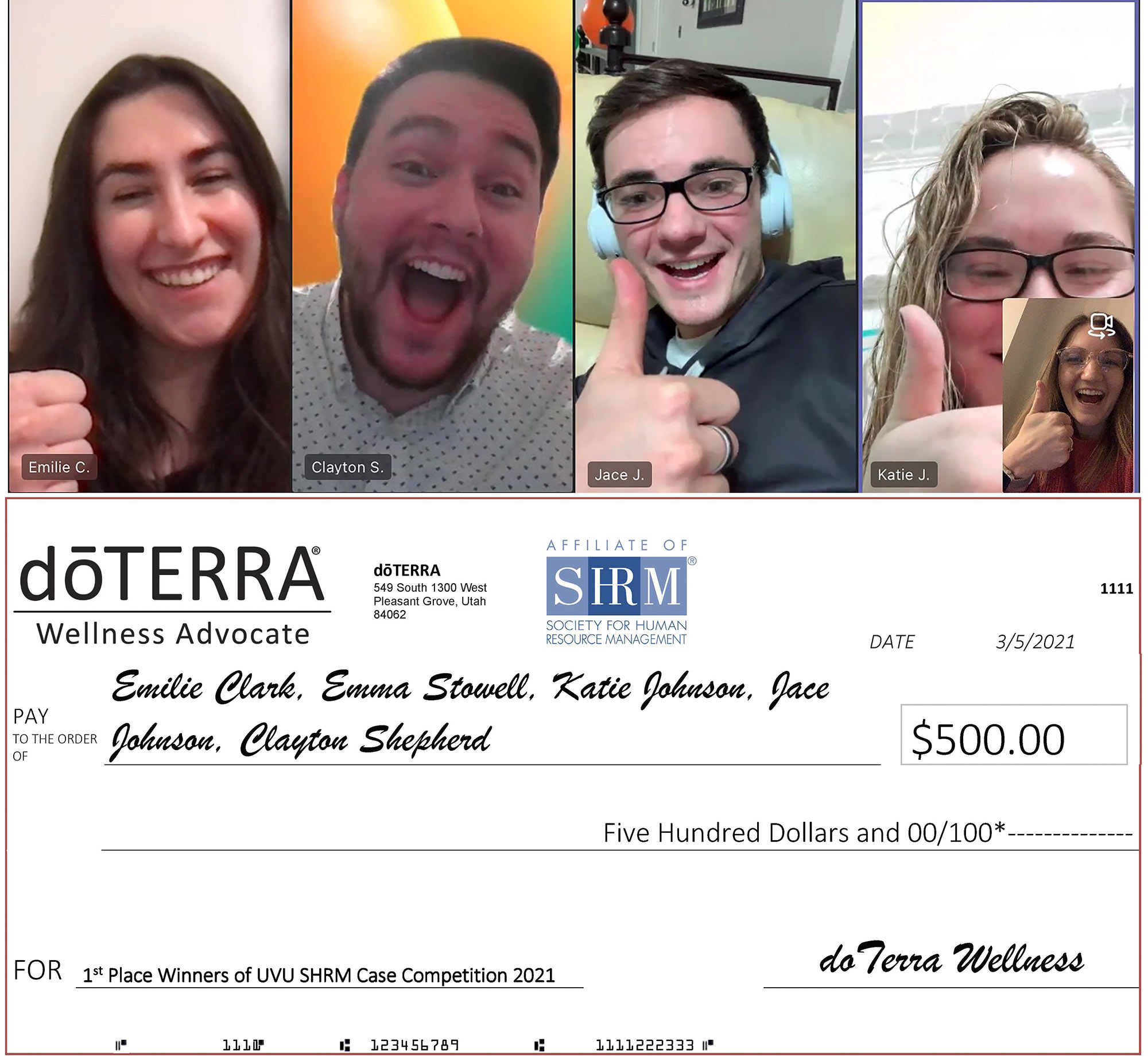 1st place winners - 4 people - doTERRA check for $500