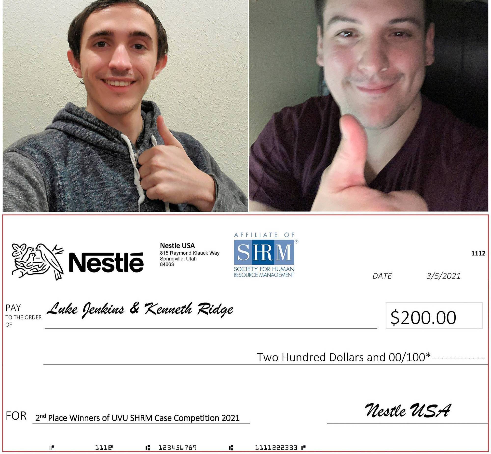 2nd place winners - 2 people - Nestle check for $200