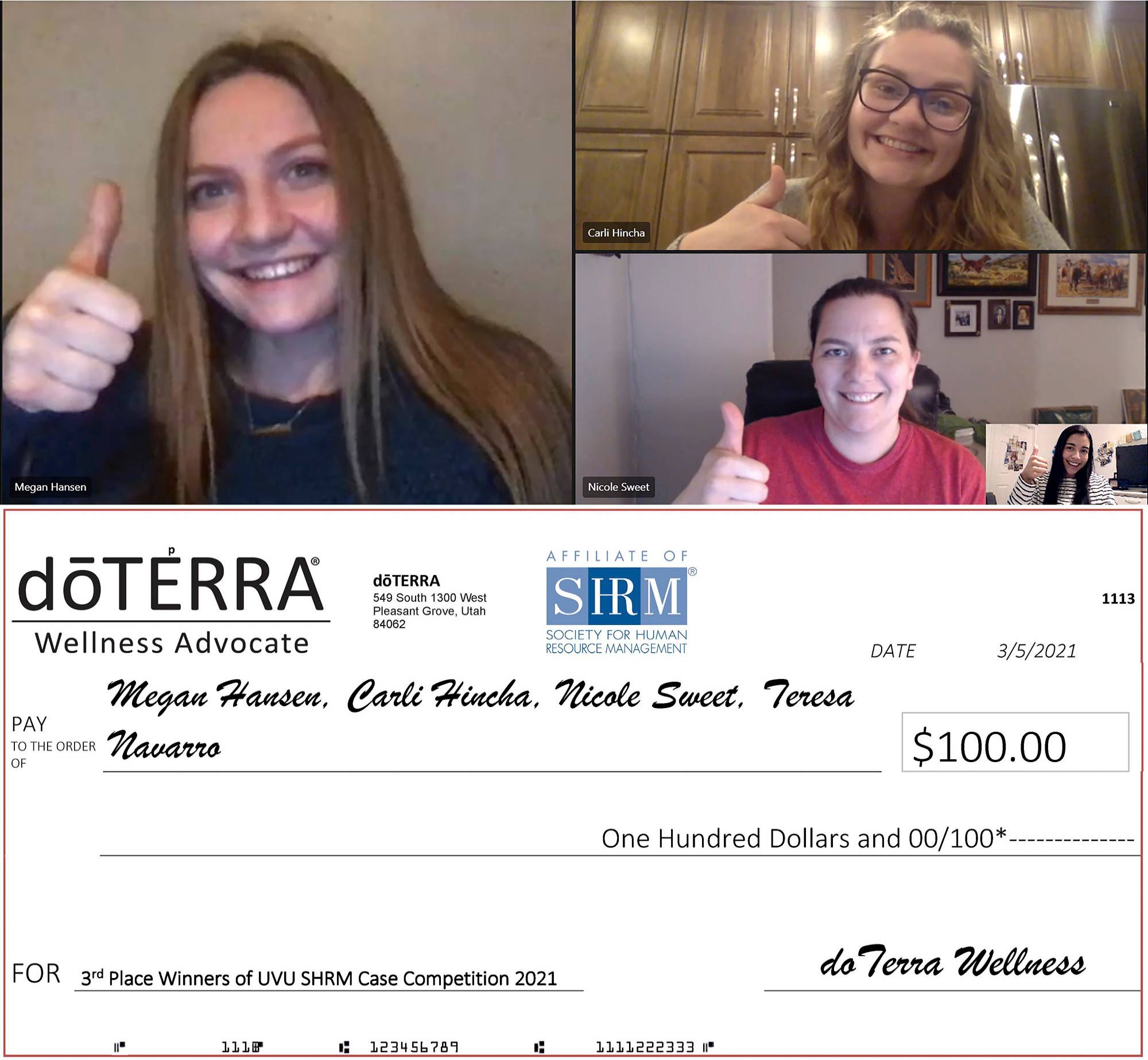 3rd place winners - 3 people - doTERRA check for $100