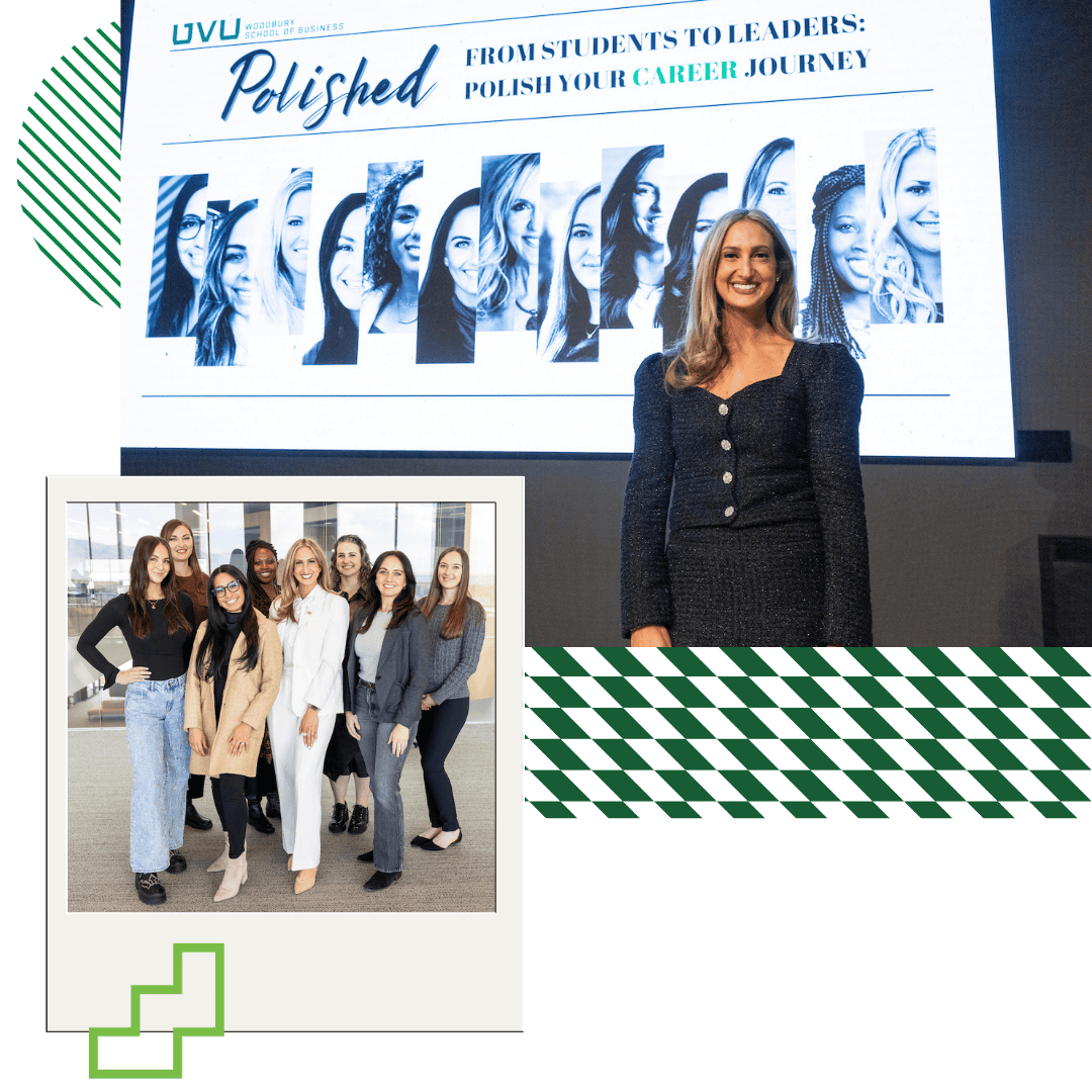 A professional woman stands on stage in front of a large screen that reads “UVU Woodbury School of Business – Polished: From Students to Leaders, Polish Your Career Journey,” alongside black-and-white portraits of women. Below, a smaller photo shows a group of eight women smiling together indoors, dressed in business and casual attire, representing the Polished career development event.