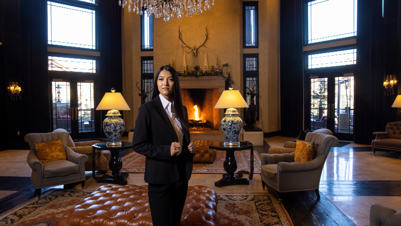 WARM student in an elegant resort lobby setting