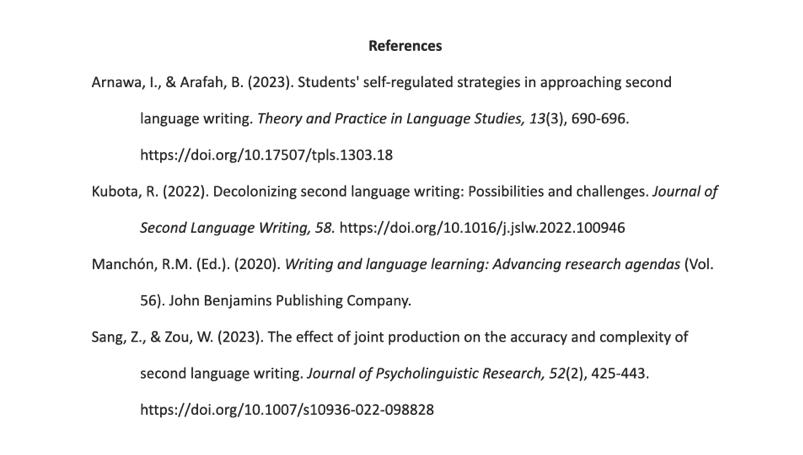 Example of APA Reference list format following the guidelines listed on this page