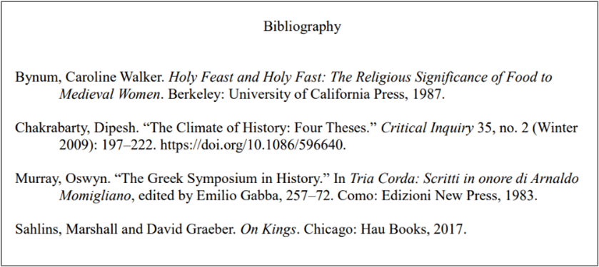 Image of an example of a Bibliography, with the word centered on top, each source alphabetized by last name, single spaced