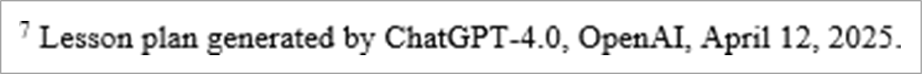 AI content citation example "Lesson plan generated by ChatGPT-4.0, OpenAI, April 12, 2025."