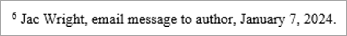 Personal communication citation example "Jac Wright, email message to author, January 7, 2024."